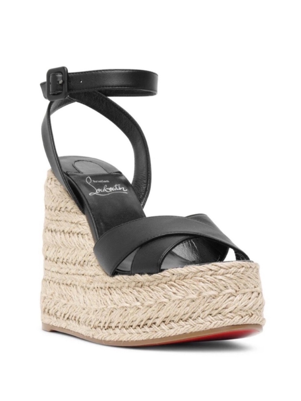 Christian Louboutin Mariza Black Leather Ankle-Strap Espadrille Wedge Sandals